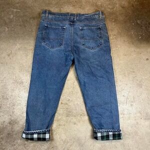 Blue and‎ green plaid denim jeans with flannel lining